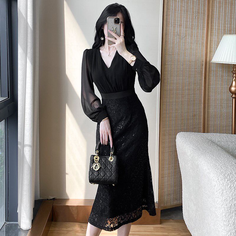 女神范高端黑色蕾丝礼服连衣裙春秋修身气质轻奢包臀鱼尾裙小黑裙