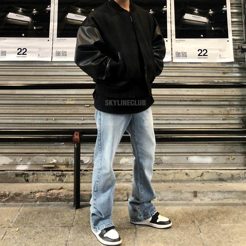 水洗做旧中腰直筒微喇叭牛仔裤男阔腿休闲长裤宽松垂坠感破洞春季