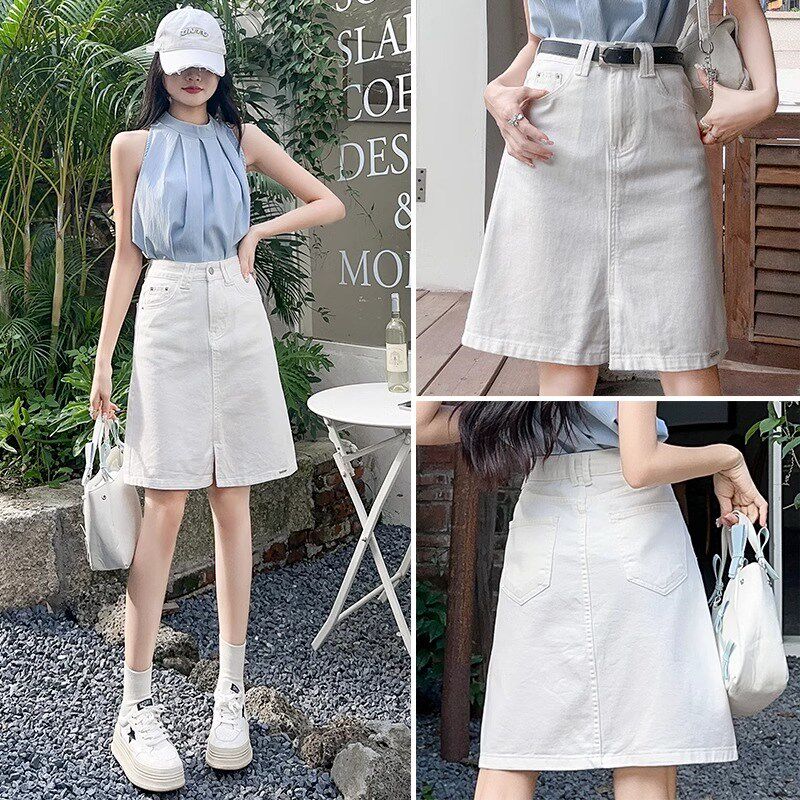 白色牛仔半身裙女夏季薄款2024新款高腰a字小个子中长裙包臀裙子