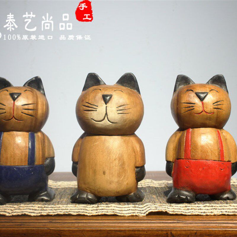 泰国实木雕小猫可爱微笑猫咪书架客厅办公室摆件结婚创意生日礼物