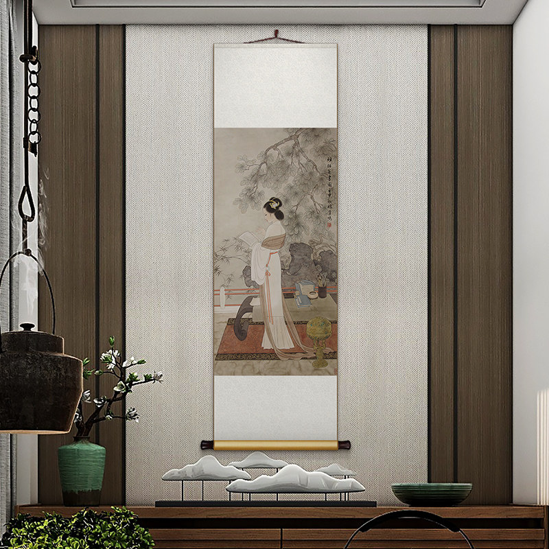 新中式丝绸卷轴挂画仕女读书办公室书房装饰画客厅玄关背景墙壁画