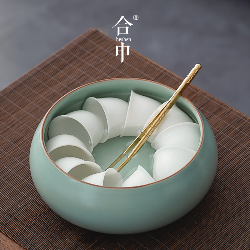 天青汝窑茶洗水孟陶瓷开片可养冰裂纹功夫茶具配件茶杯洗缸特大号