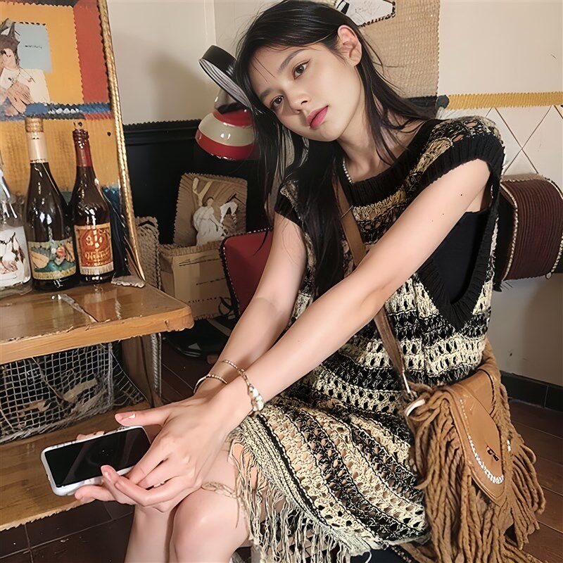 镂空流苏针织毛衫夏季叠穿罩衫背心薄款中长款圆领条纹复古上衣女