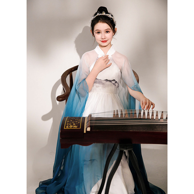 定制女童古筝演出服中国风艺考民乐演奏汉服水墨千里江山儿童礼服