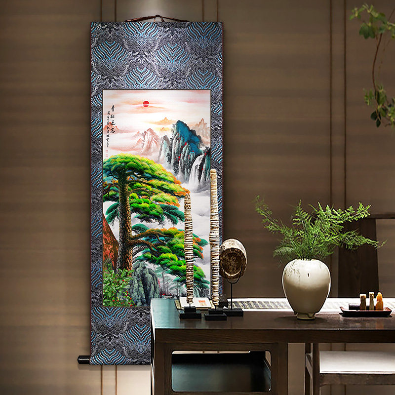 迎客松国画新中式宋锦卷轴挂画玄关过道装饰画客厅书房餐厅墙壁画