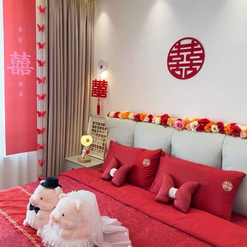 新中式红色结婚床上四件套玫瑰提花被套被罩喜嫁娶男女新婚庆床品