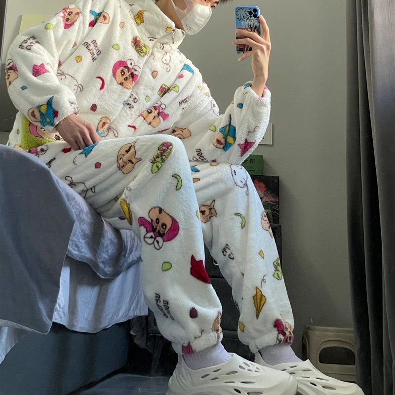可爱卡通蜡笔小新珊瑚绒睡衣男士冬季新款加绒加厚情侣家居服套装
