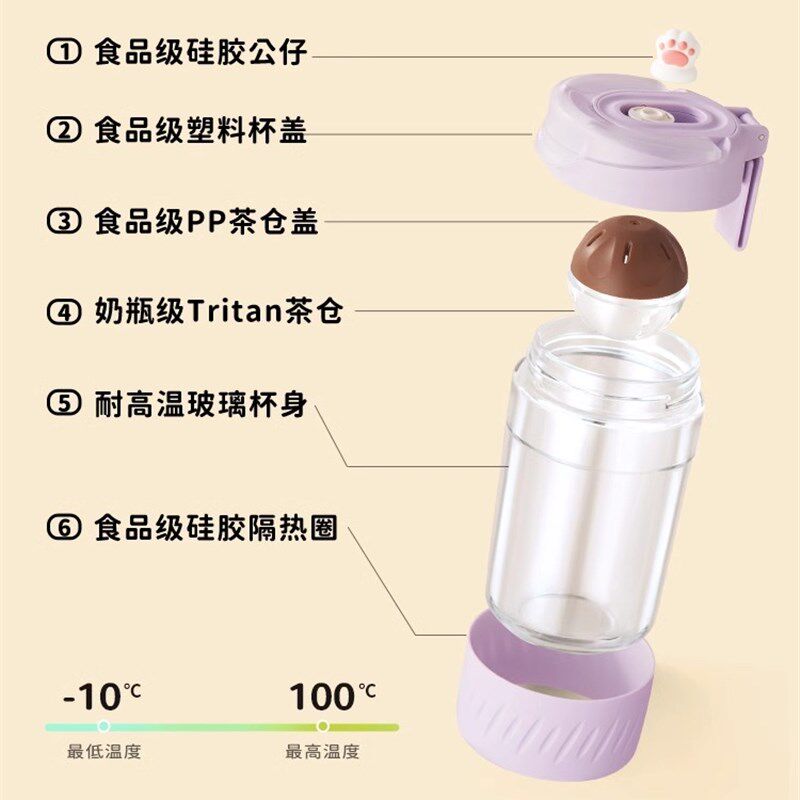 磁吸泡茶杯茶水分离玻璃杯可爱卡通杯便携随手杯磁弹杯