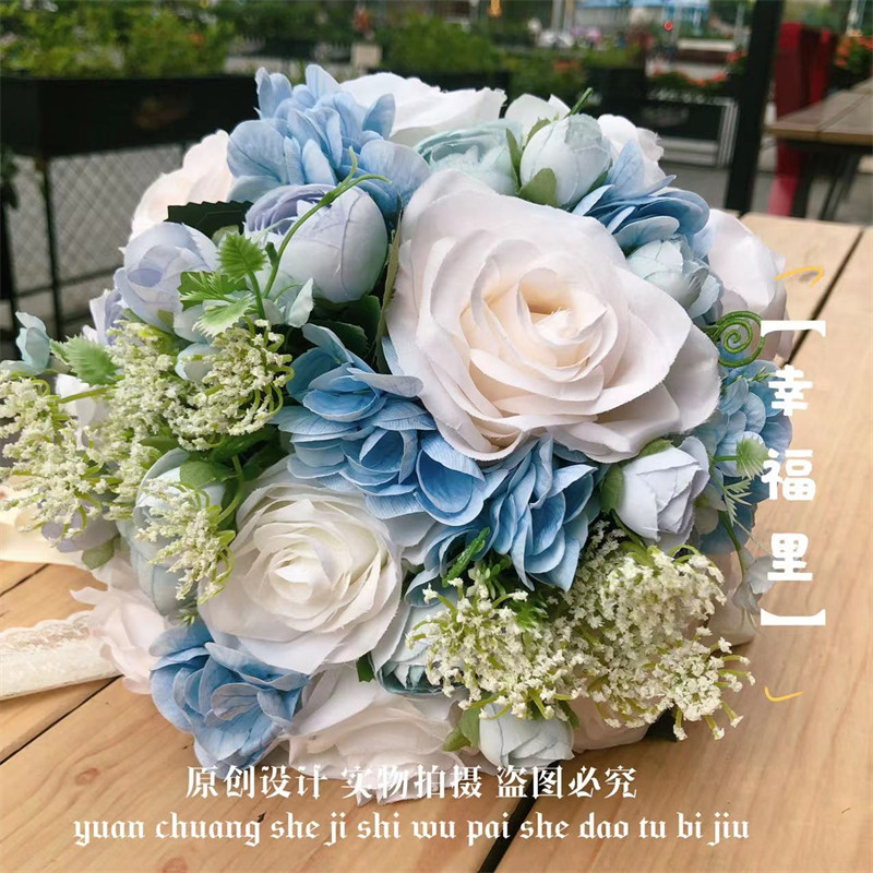手捧花新娘婚礼仿真玫瑰花束浅蓝色混搭家居摆件花艺绢花