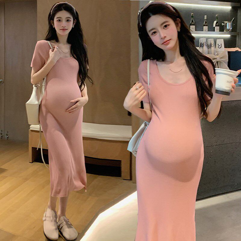 孕妇夏装冰丝针织连衣裙修身显瘦时尚开叉小个子孕妇裙子薄款夏季