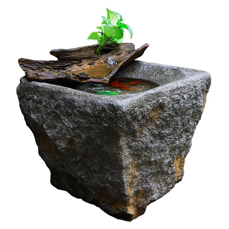 新中式流水喷泉摆件彷真石臼庭院开运水景鱼缸水循环LED灯景观
