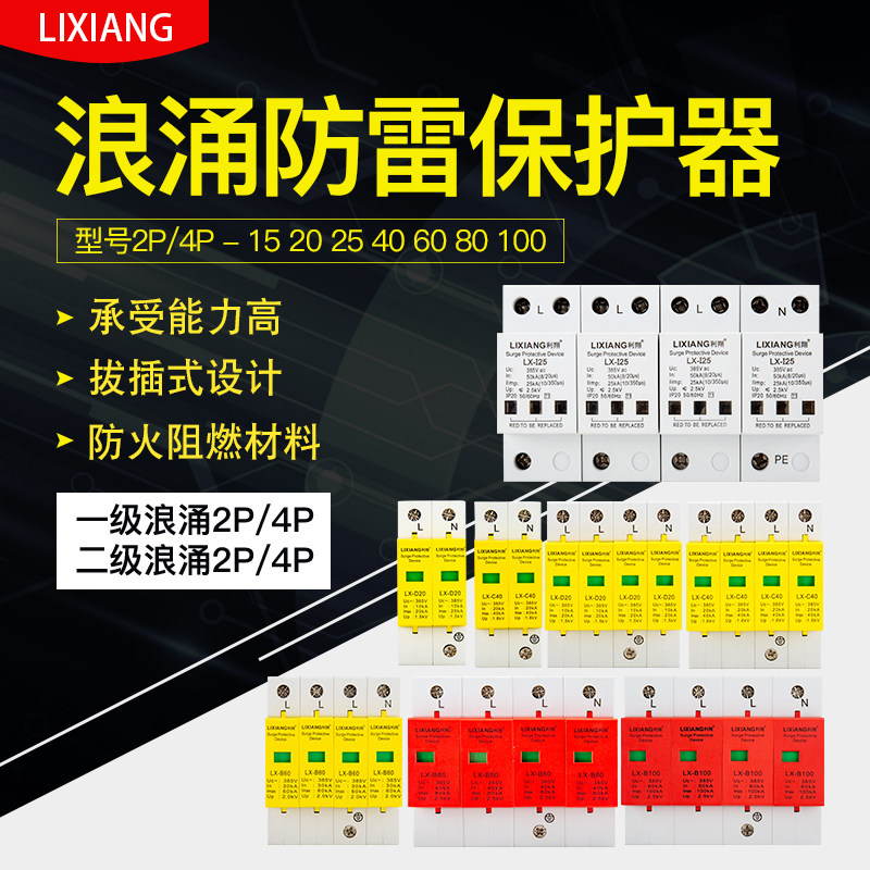 利翔浪涌保护器220V 2P防雷保护器电涌保护器 4P一级家用避雷开关