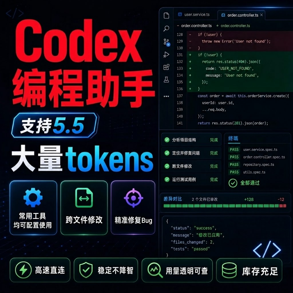 Codex支持5.5编程满血版独立Key大量token高速稳定无额度上限