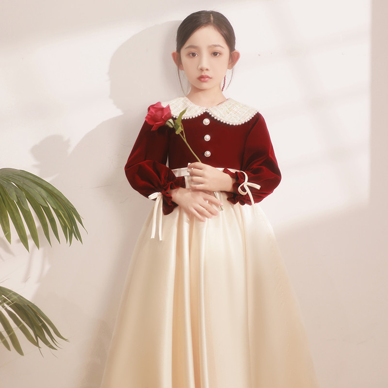 女童礼服红色公主裙花童婚礼小女孩儿童主持人钢琴演奏比赛演出服