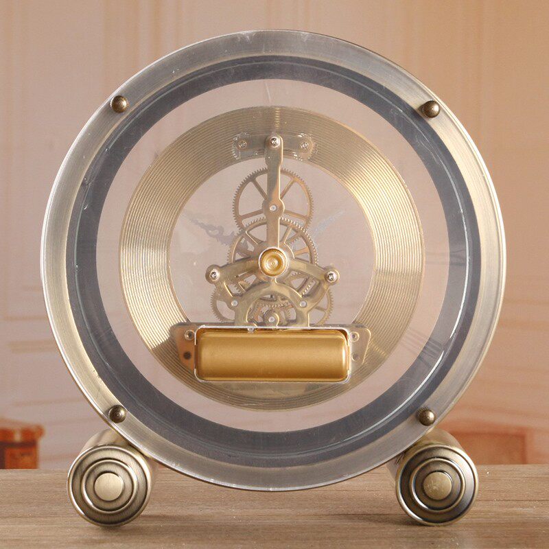 TQJ欧式复古床头座钟客厅时钟卧室金属床头坐钟透明机械机芯钟表