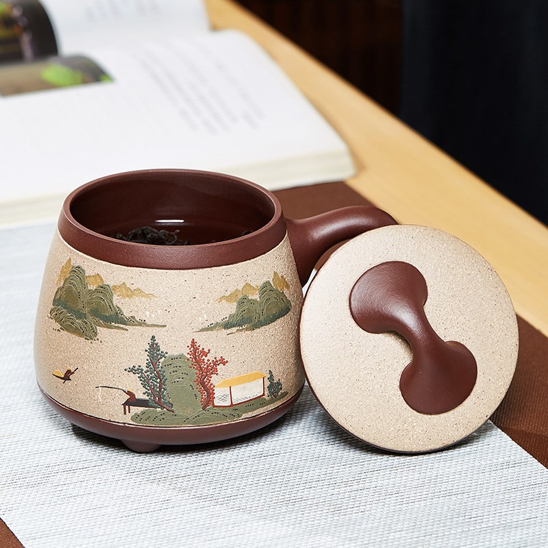 尊壶宜兴紫砂杯泥绘泡茶杯子带把盖杯家用办公大容量缸杯陶瓷茶具