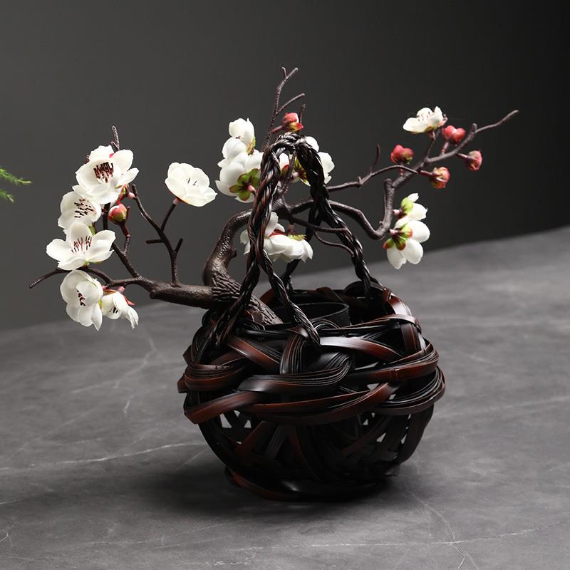 手工竹编花器 客厅玄关茶几插花器 禅意日式茶艺花插花篮竹摆件