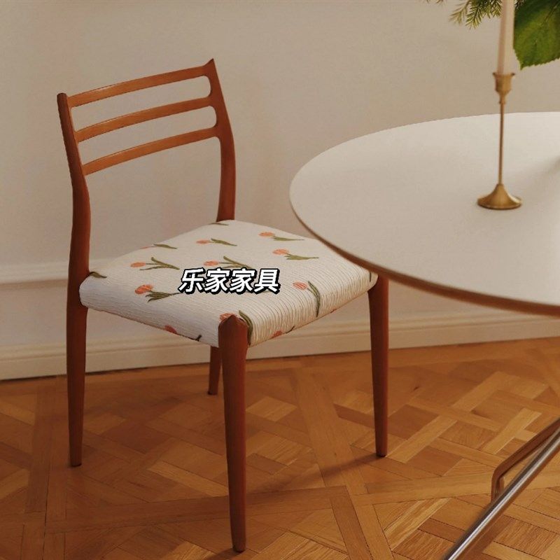 复古法式印花软包餐椅实木椅子家用简约靠背椅中古北欧书桌椅