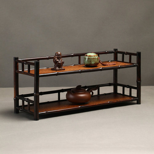 紫竹双层席面杯架茶具收纳展示架实心楠竹中式复古围栏茶室博古架