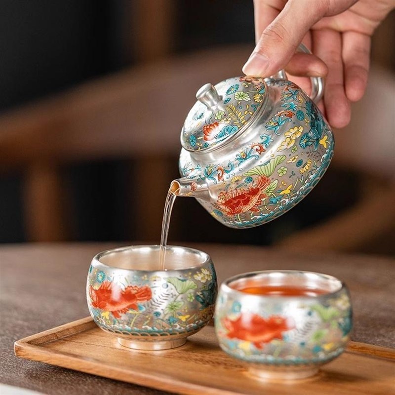 周鸿杰银壶青花鱼藻纹高档鎏银1壶2杯功夫茶具茶杯套装家用办公