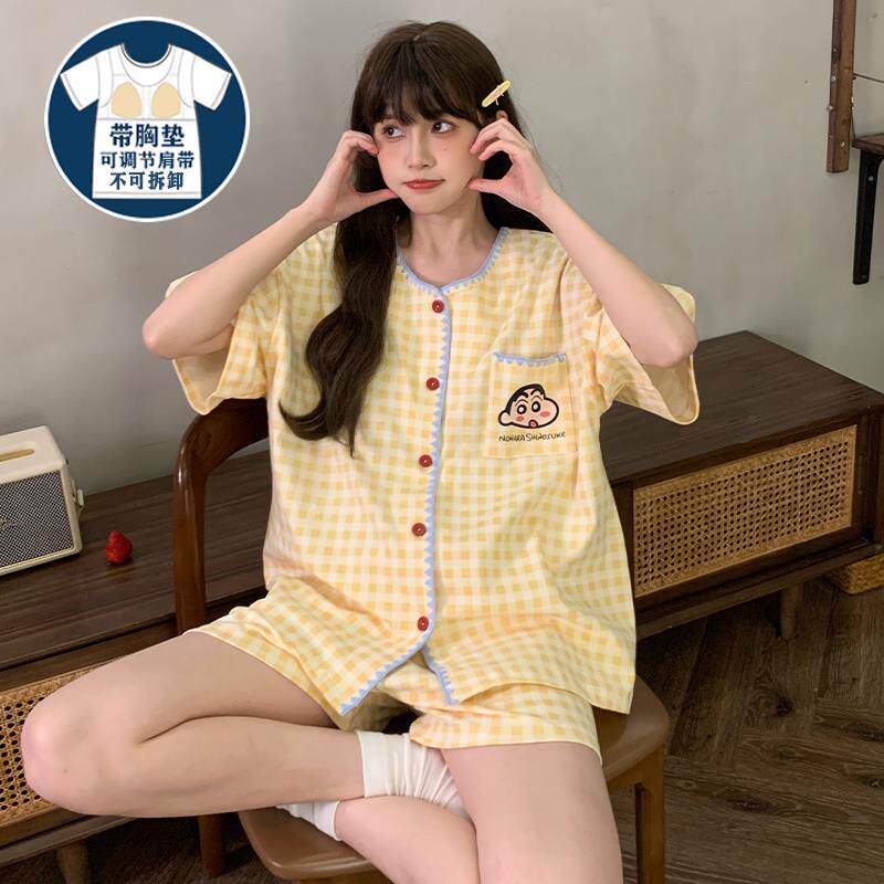 夏季短袖睡衣女带胸垫可爱开衫休闲学生薄款仿棉可外穿家居服套装
