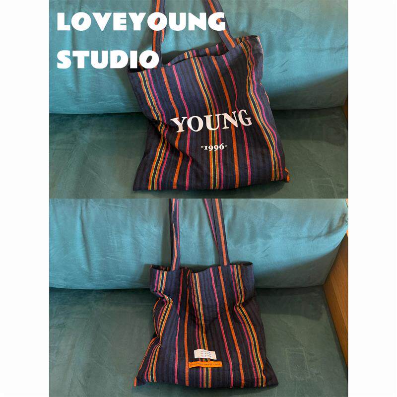 loveyoung原创时光切片藏青日系条纹慵懒风布袋长肩带帆布包