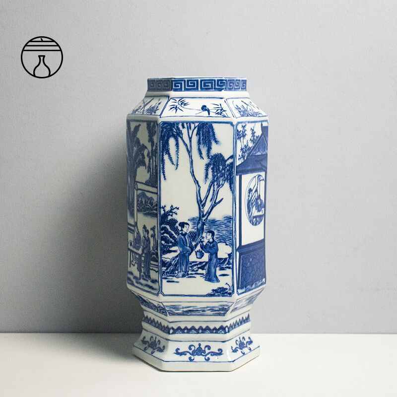 青花人物六方灯笼瓶景德镇陶瓷器桌面摆件中式复古客厅玄关软装饰