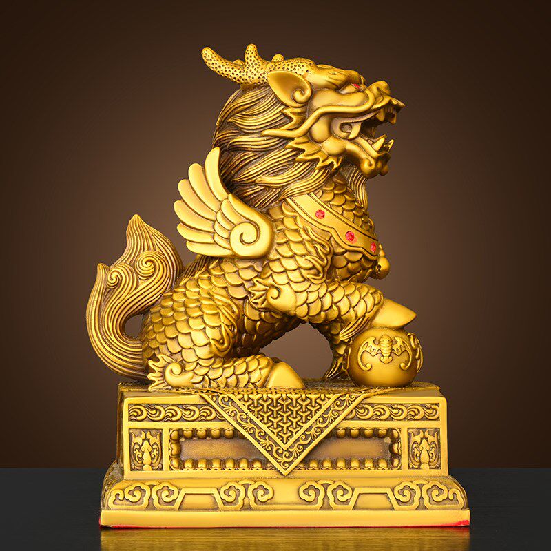 纯黄铜麒麟摆件一对财富麒麟八卦麒麟方底公司客厅办公室装饰工艺