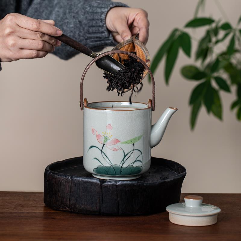 哥窑手绘陶瓷茶壶功夫茶具套组大容量提梁壶茶杯组合家用办公茶艺