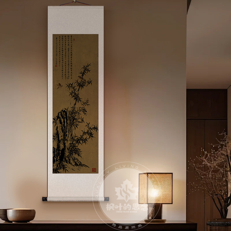 竹报平安装饰画玄关书房挂画新中式国画墨竹花鸟墨竹装裱卷轴字画