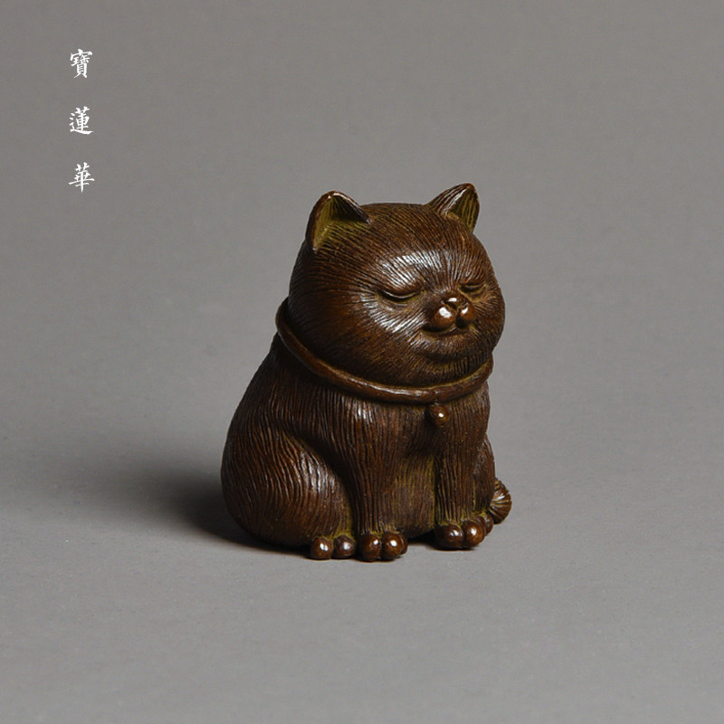 铜雕招财猫 实心全铜茶宠铜器茶玩摆件 铜制手把件文玩清供铜镇纸