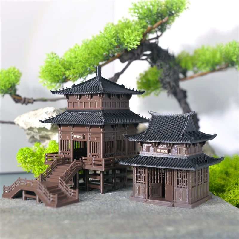 复古建筑模型摆件中式古建微景观假山盆景鱼缸装饰亭台楼阁中国风