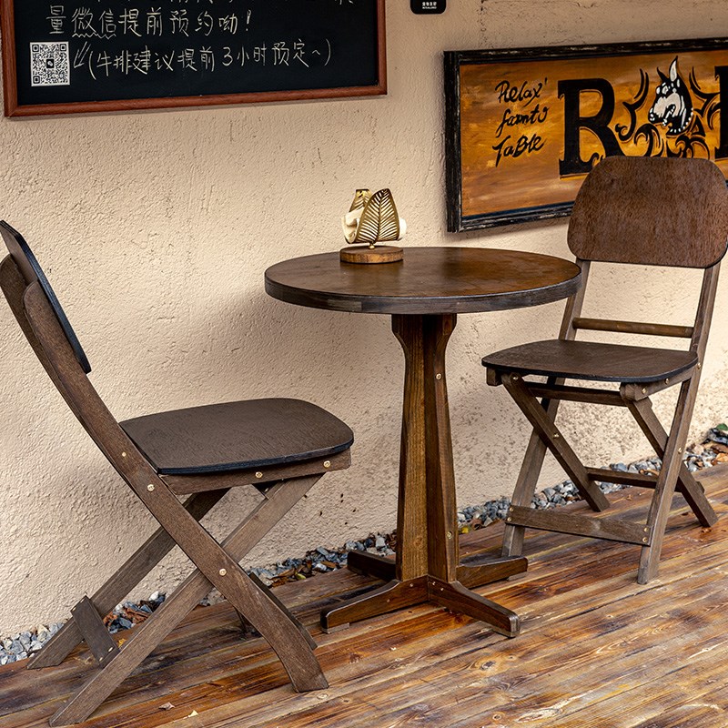 简约实木折叠餐桌椅子小户型家用阳台庭院圆形咖啡厅奶茶甜品茶几
