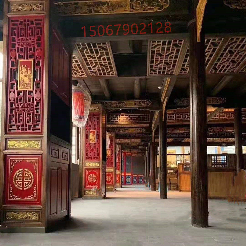 仿古门窗实斗拱算盘美人靠戏台藻井木花格中式隔断屏风电视背景直