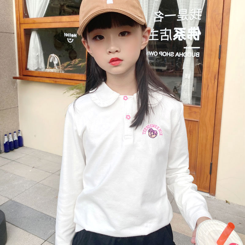新款春季打底衫女童纯棉白色儿童长袖t恤薄款弹力翻领童装上衣潮T