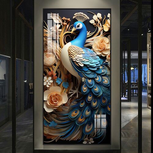 轻奢大气欧式玄关背景墙装饰画过道走廊高级感壁画富贵孔雀艺术画