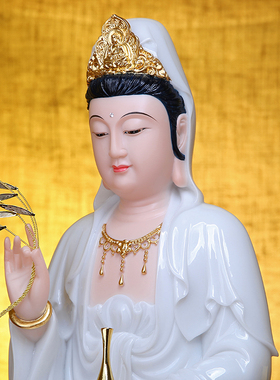 石雕汉白玉观音菩萨佛像娑婆三圣坐像摆件家用供奉摆件观世音佛像