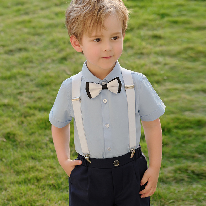 儿童西装套装夏季短袖衬衫背带裤男童周岁生日花童礼服主持演出服