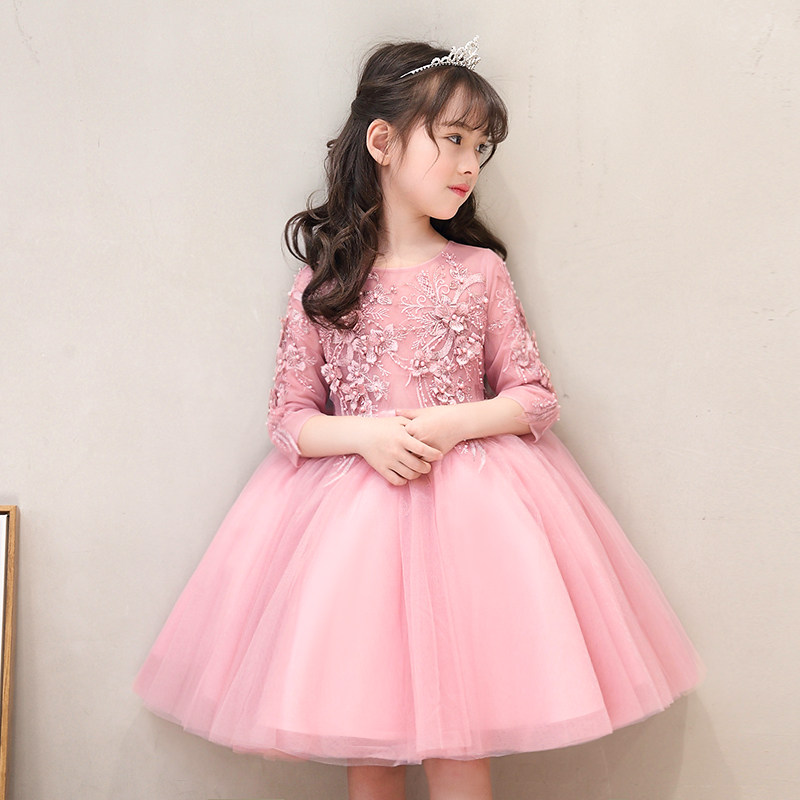 儿童礼服女公主裙女童蓬蓬纱小花童婚纱裙生日主持演出服粉色秋冬