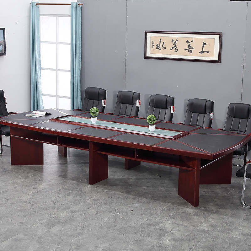 大型多人会议桌长桌长方形会议台简约贴黑色皮质商务洽谈桌椅