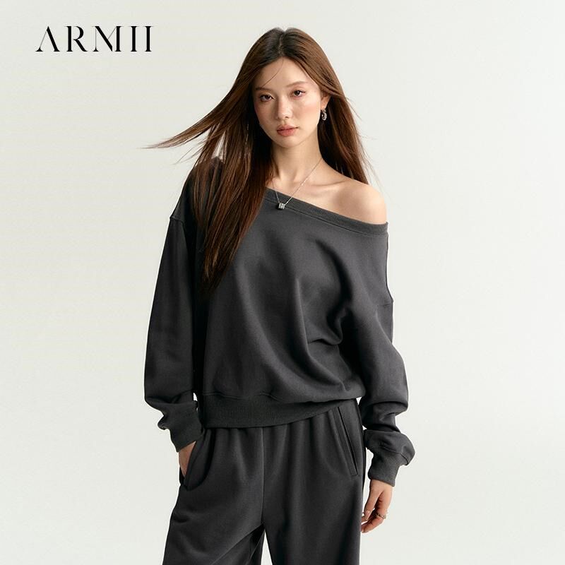ARMII美式露肩灰色一字领斜肩卫衣女早秋季宽松套头上衣