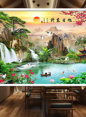 定制中式山水画窗帘办公室展厅会议室客厅遮光字画卷帘升降手拉式