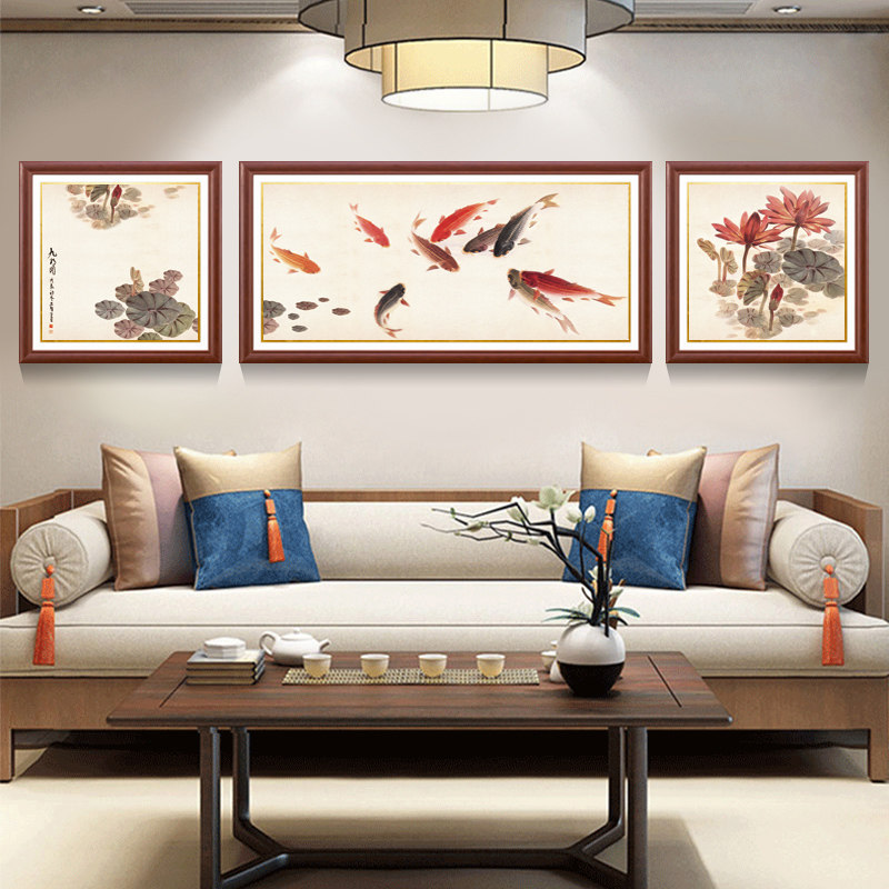 喜事连连新中式客厅装饰画餐厅卧室三联画沙发背景墙壁挂画九鱼图