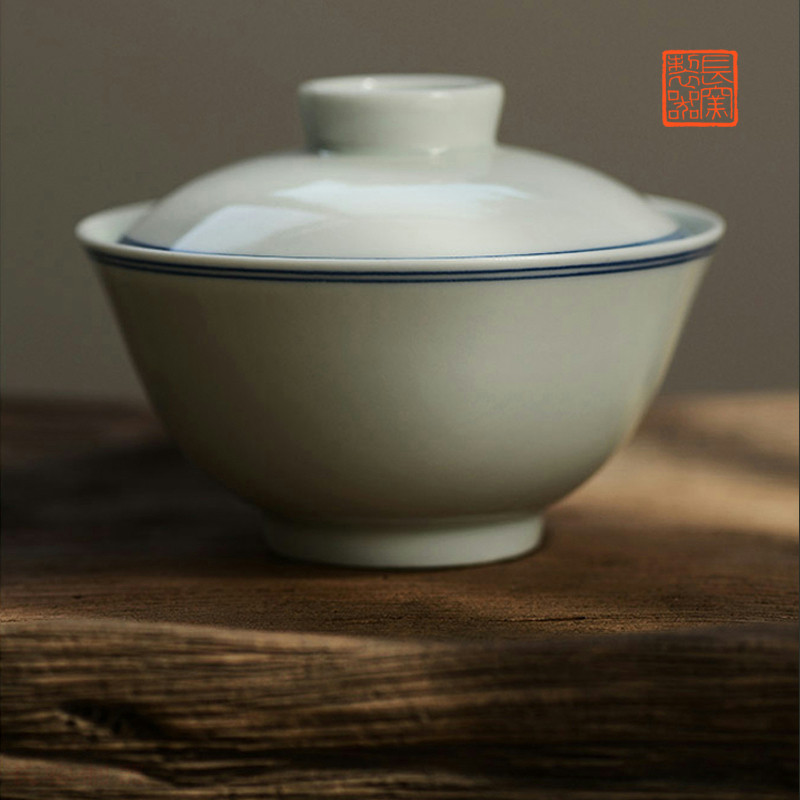 长物居 手绘青花瓷双圈纹盖碗盖杯 景德镇手工陶瓷茶杯茶具
