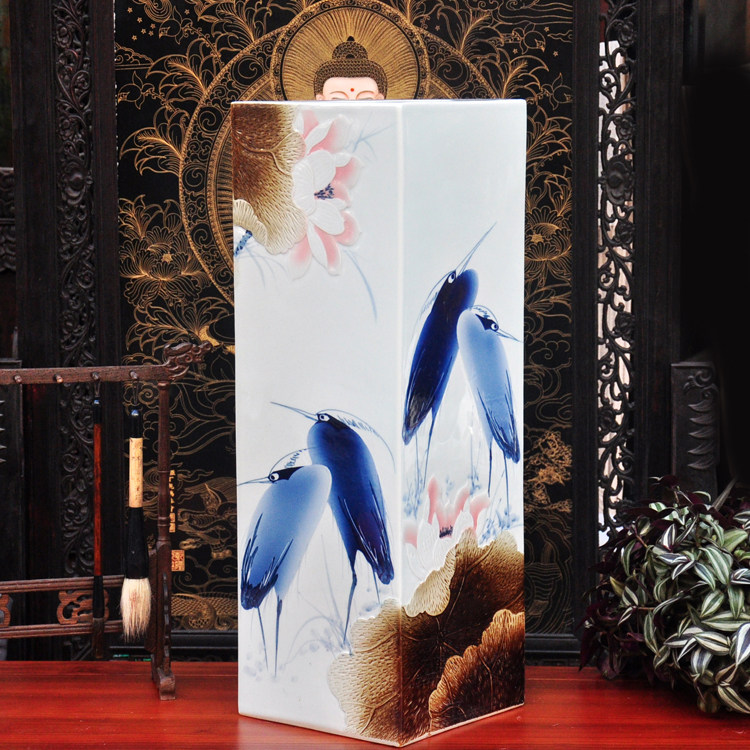 景德镇陶瓷器收藏花瓶插花器家居装饰品客厅四方镶器吴国军手绘