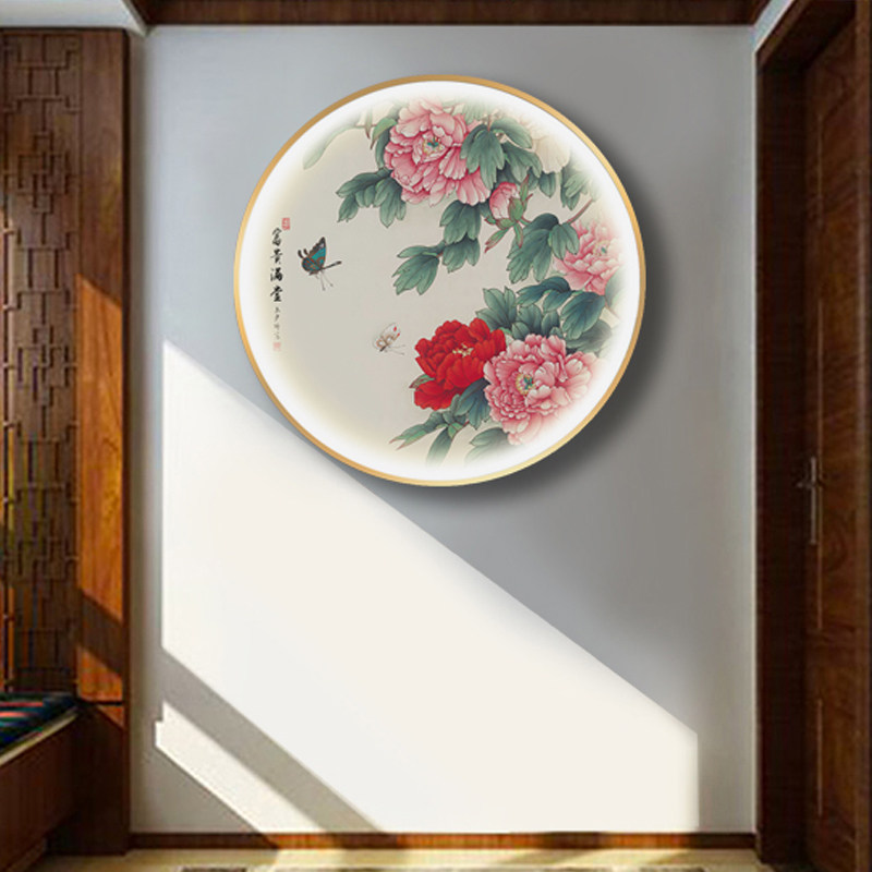 圆形牡丹玄关装饰画中式客厅走廊过道带灯发光壁画沙发背景墙挂画
