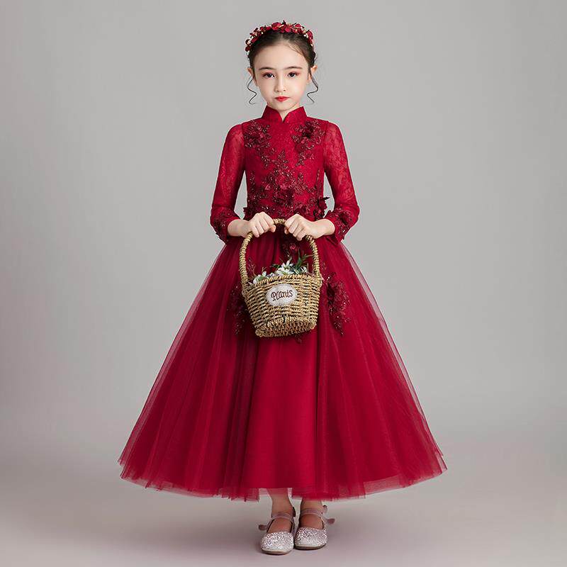 女童晚礼服公主裙儿童婚纱中大童蓬蓬纱长袖改良旗袍洋气花童服装