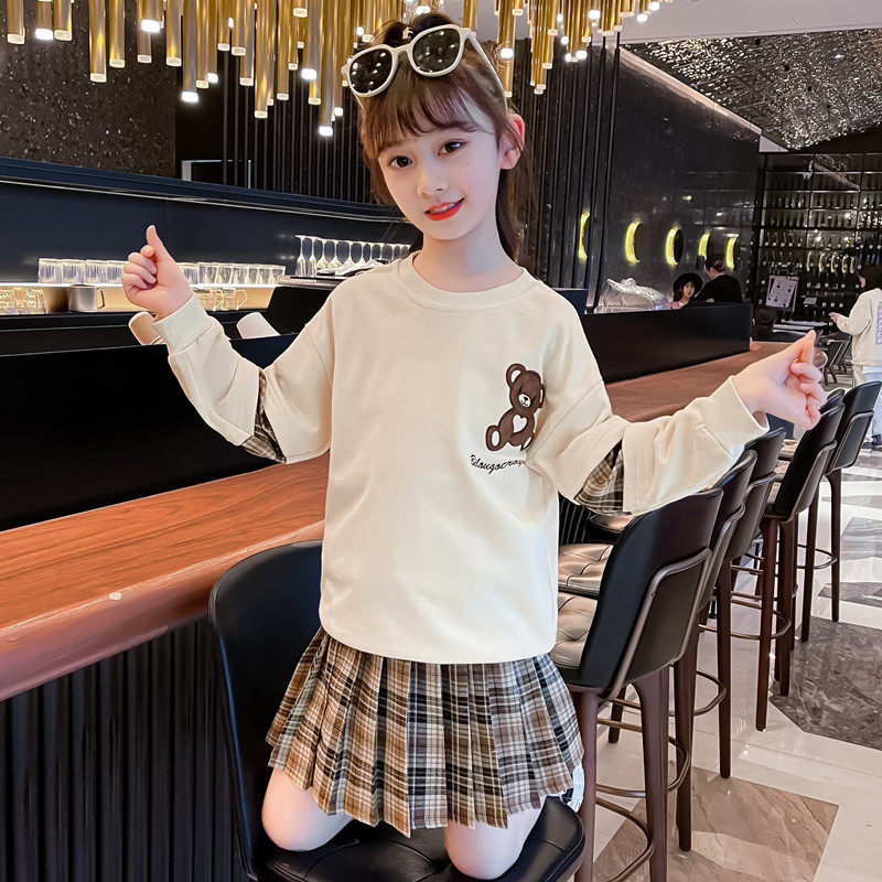 女童套装格子裙2023春秋装洋气百褶裙童装儿童女孩休闲卫衣两件套