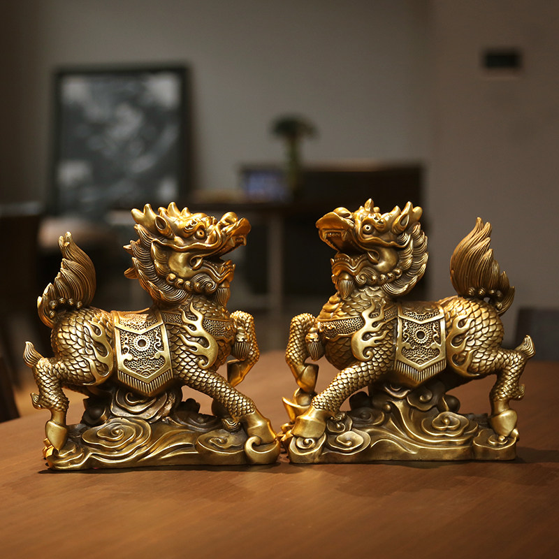 铜欣祥 纯铜麒麟摆件一对家居装饰品客厅玄关办公室电视柜工艺品