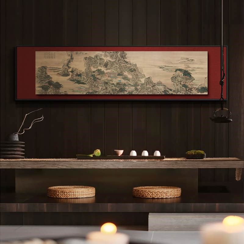 新中式茶室桌面背景装饰画苍松图风景书房挂画酒店餐厅长横条壁画